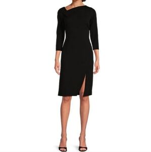 Calvin Klein Asymmetric Fold Over Neck Front Slit Sheath Dress